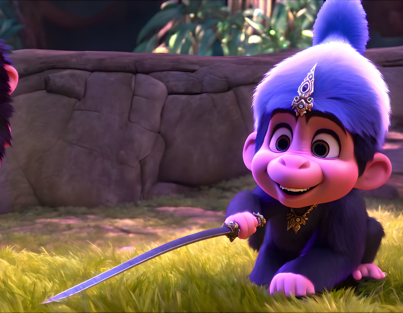 Blue monkey with crown and sword in lush forest environment