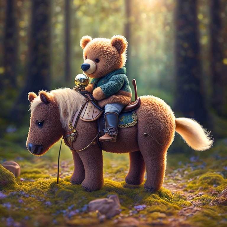 Plush Teddy Bear Knight on Toy Horse in Enchanted Forest
