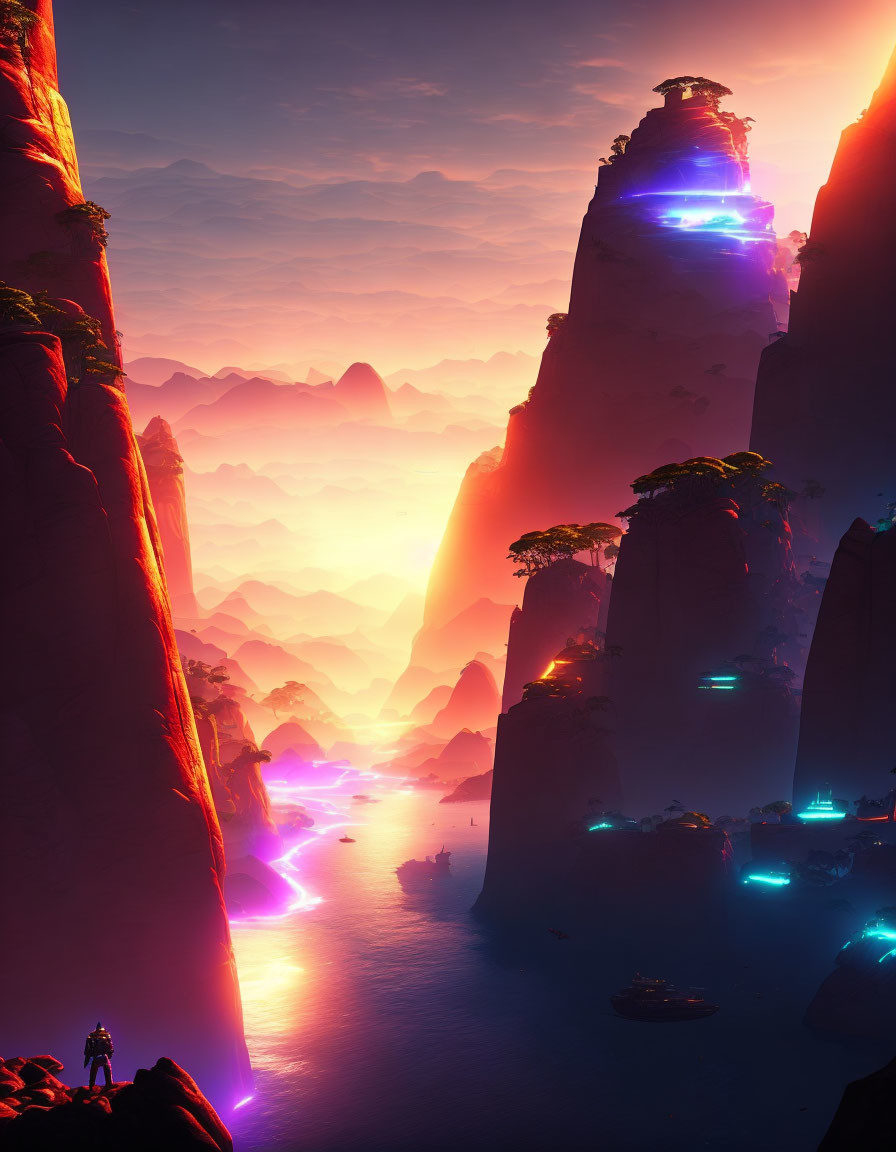 Futuristic landscape with towering rock formations and glowing blue accents