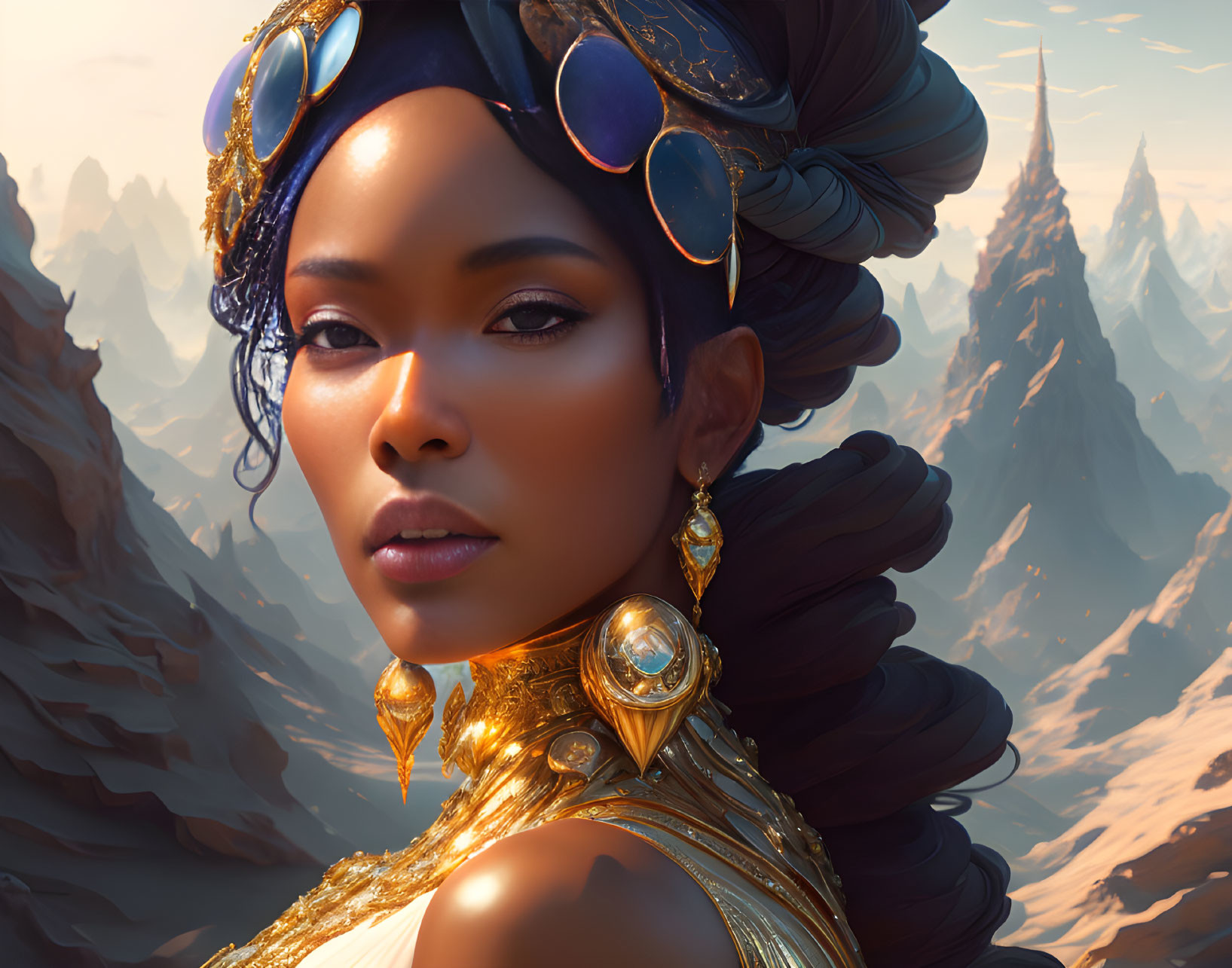 Regal woman in turban with gold jewelry against mountain backdrop