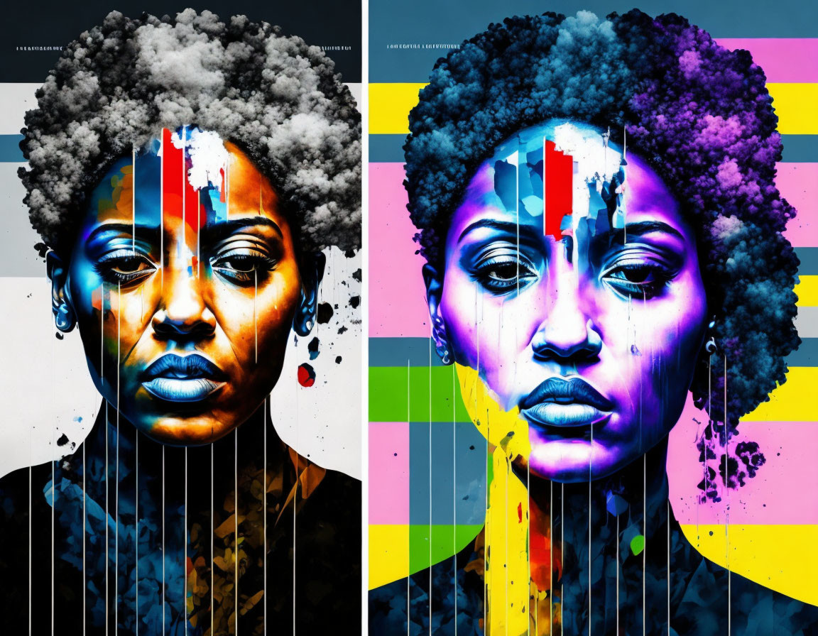 Contrasting colors diptych of woman's face with paint drips on multicolored geometrical