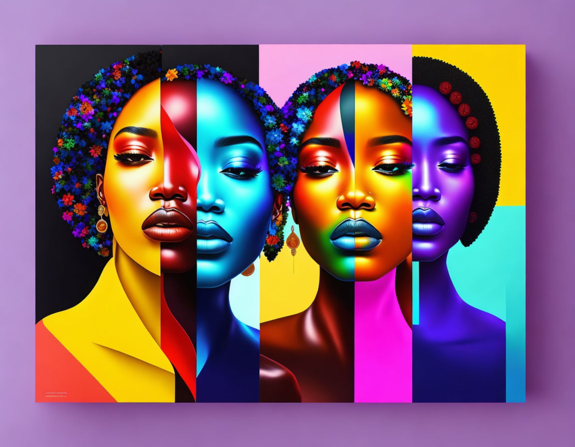 Colorful digital artwork: Four stylized woman portraits with floral accents