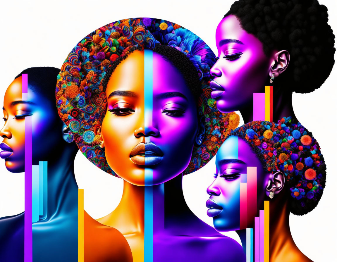 Colorful digital artwork: Four African women profiles with floral patterns & geometric shapes.