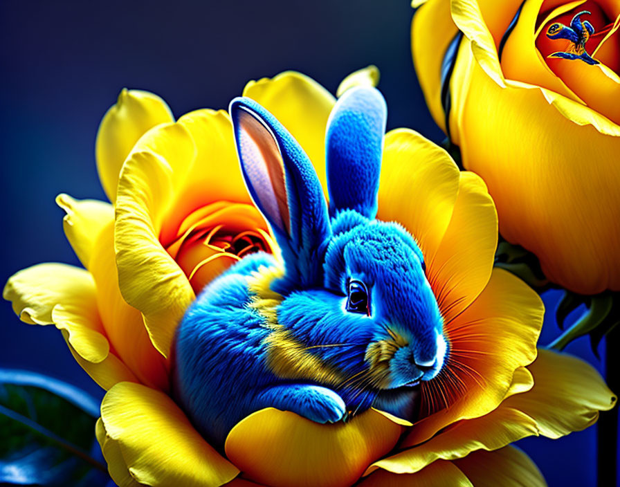 Blue rabbit in yellow rose on dark blue background