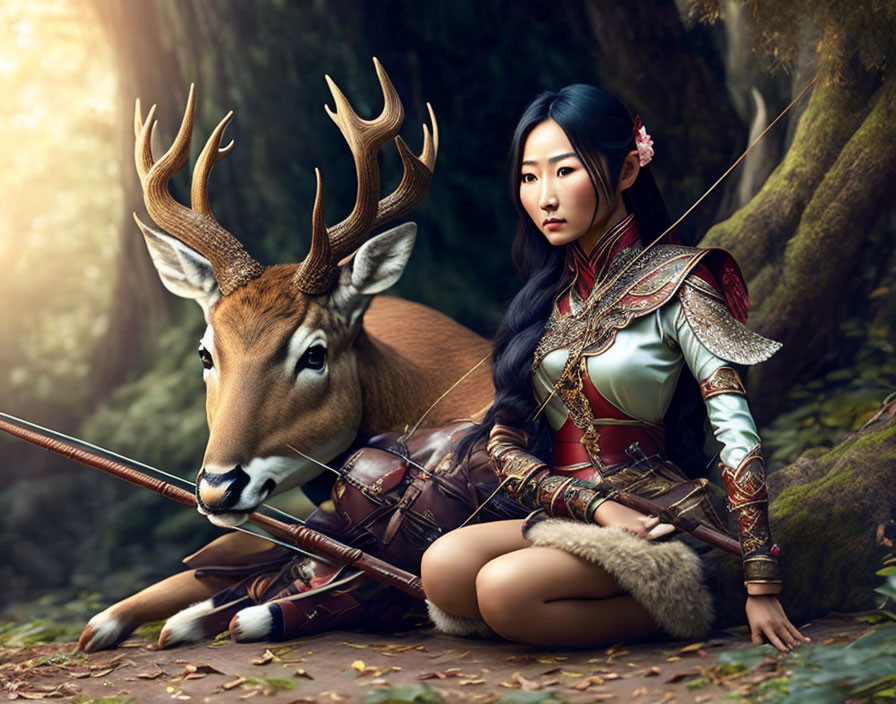 Traditional warrior woman with bow beside deer in lush forest