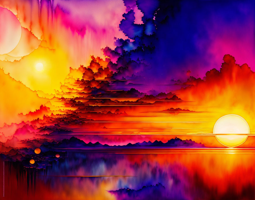 Surreal sunset digital art: vibrant colors, mountain silhouettes, fiery sky.