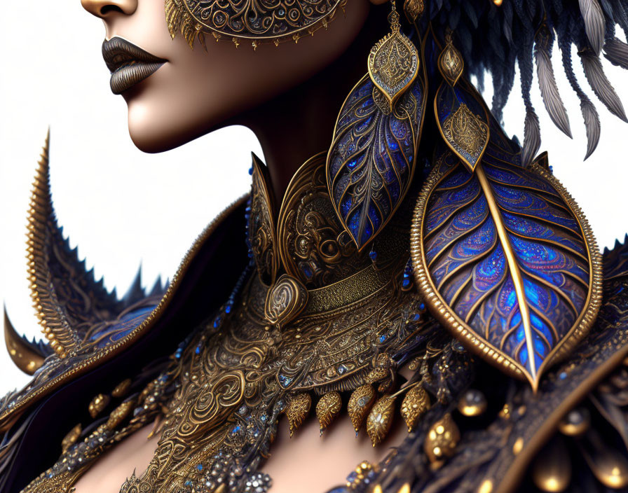 Detailed digital artwork of woman with golden jewelry and blue feather-like accents