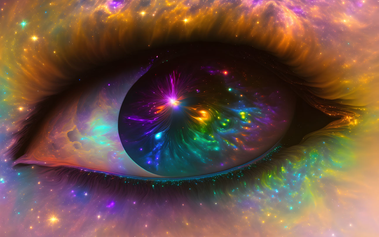 Detailed surreal eye with cosmic nebula and stars.