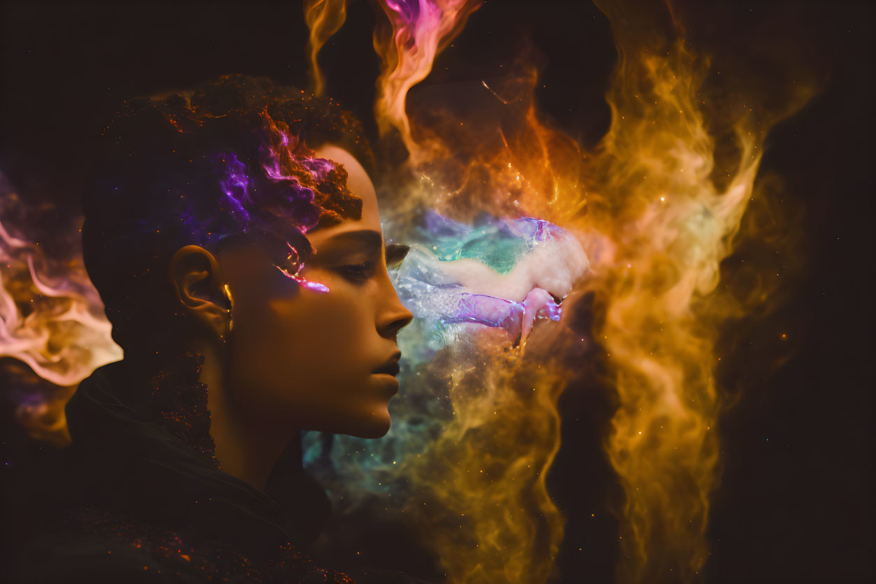 Colorful portrait of a person with flame-like patterns swirling around their face