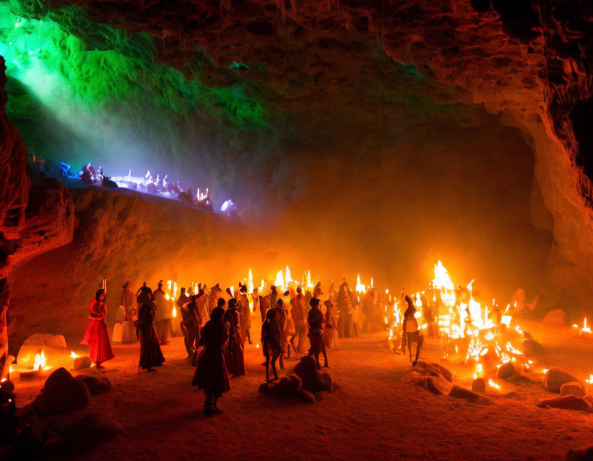 Group of People Holding Torches in Mystical Cave with Orange and Green Lighting