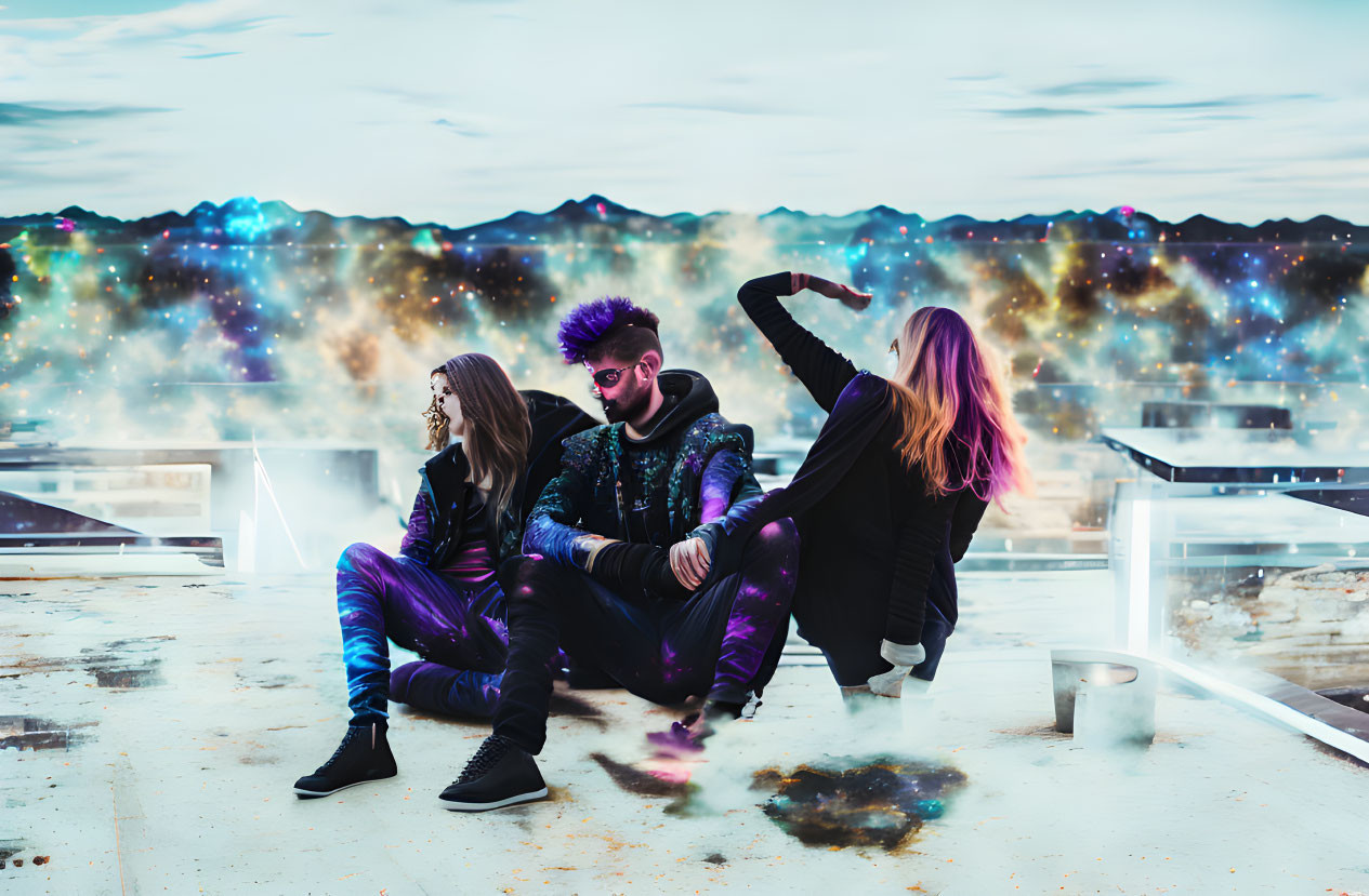 Three young adults in vibrant clothing on high structure with cosmic backdrop.