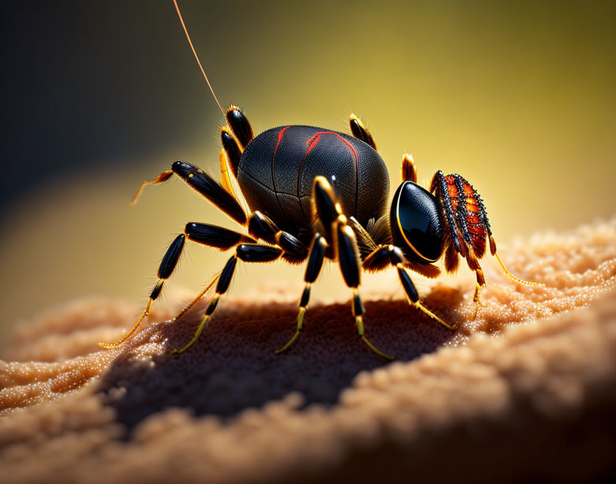 Shiny black insect with red stripes and long antennae on textured surface