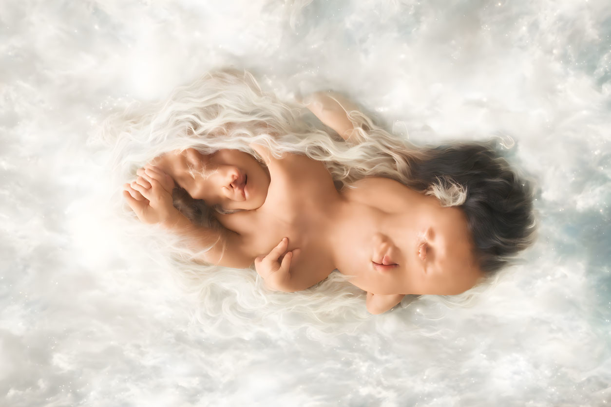 Sleeping Baby with Long, Wavy Hair in Cloud-like Surroundings