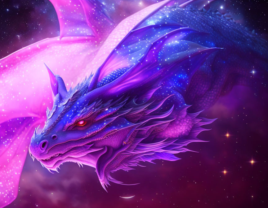 Blue Dragon with Pink Wings on Cosmic Purple Background