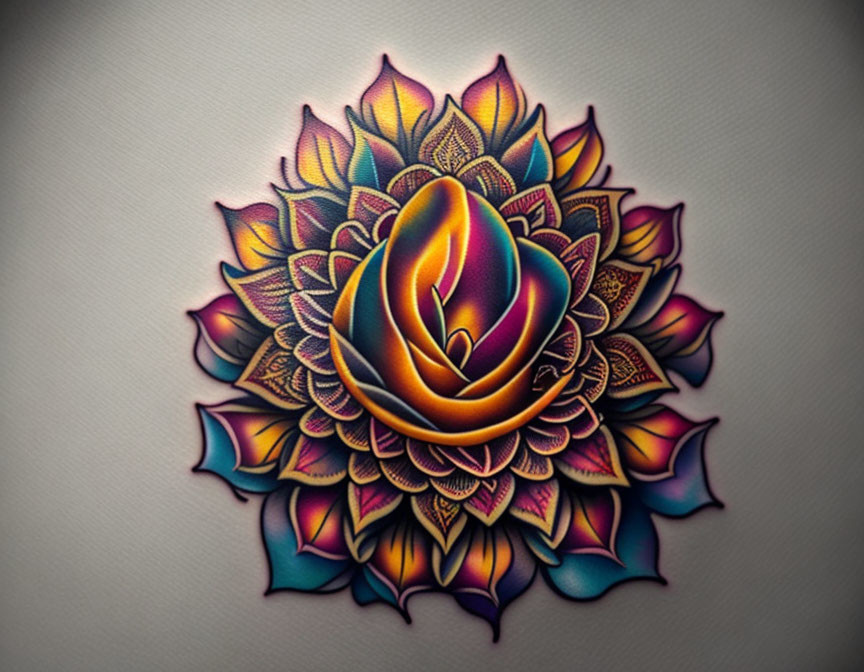 Colorful Mandala Tattoo Design with Flame-like Center & Petal Patterns