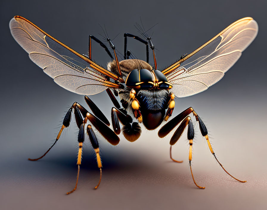 Detailed rendering of a wasp with translucent wings and orange-black coloration