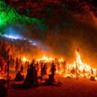 Group of People Holding Torches in Mystical Cave with Orange and Green Lighting