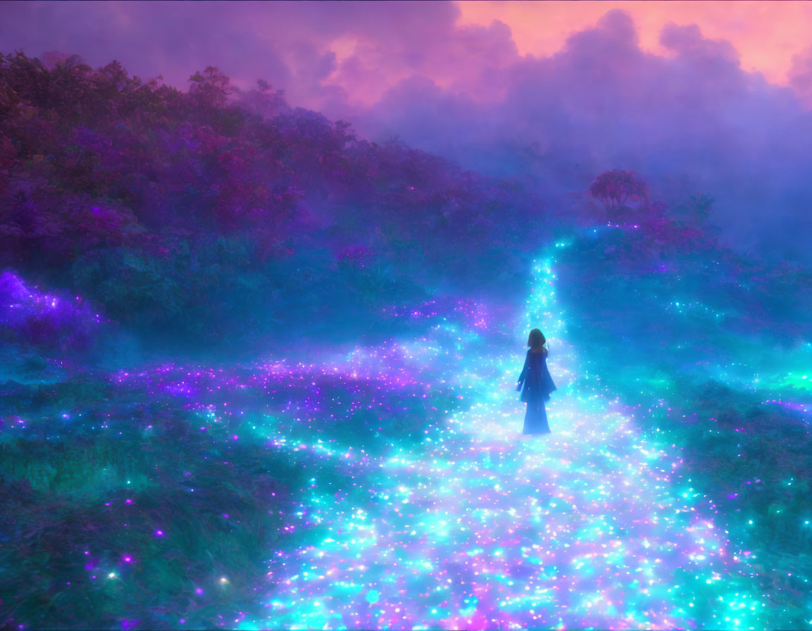 Person standing on vibrant path in mystical forest under twilight sky