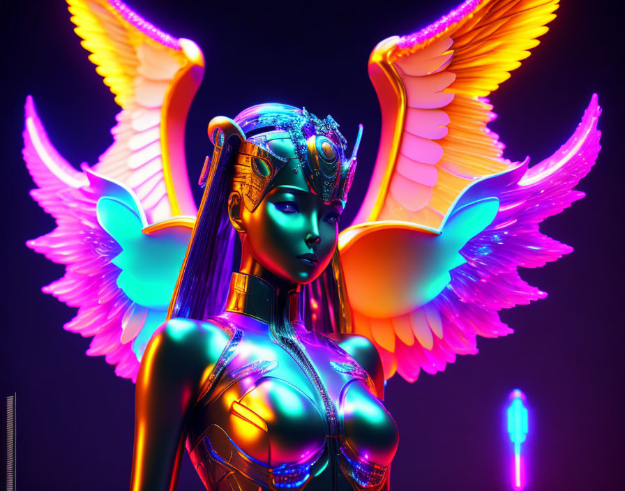 Colorful digital artwork: Female figure with mechanical wings and Egyptian headdress