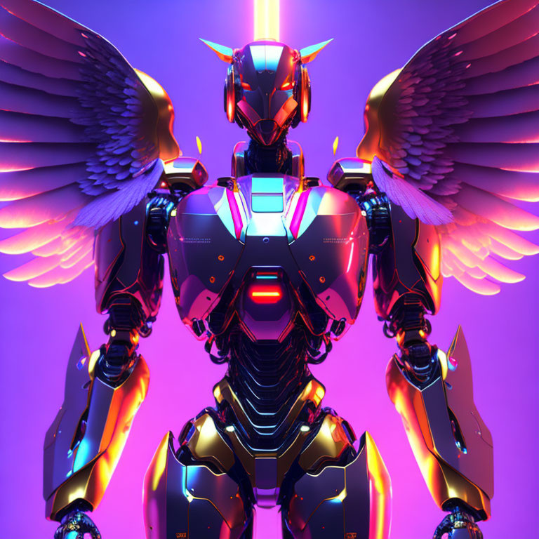 Futuristic robot with mechanical wings in neon-lit setting