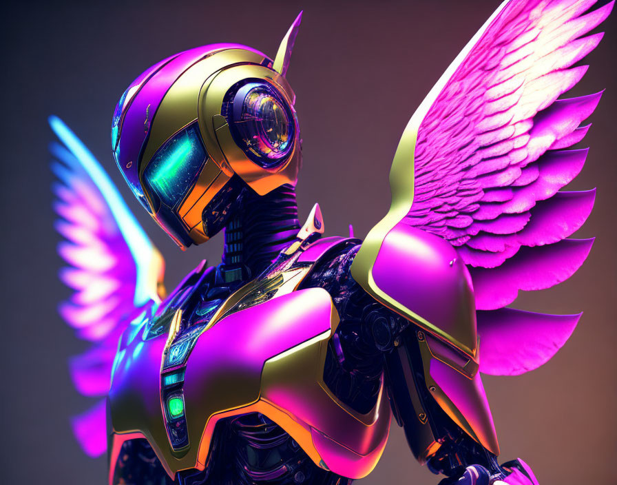 Futuristic robot with helmet head and metallic wings in pink and blue