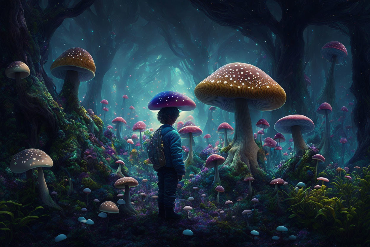 Child in Mystical Forest with Luminescent Mushrooms and Entwined Trees