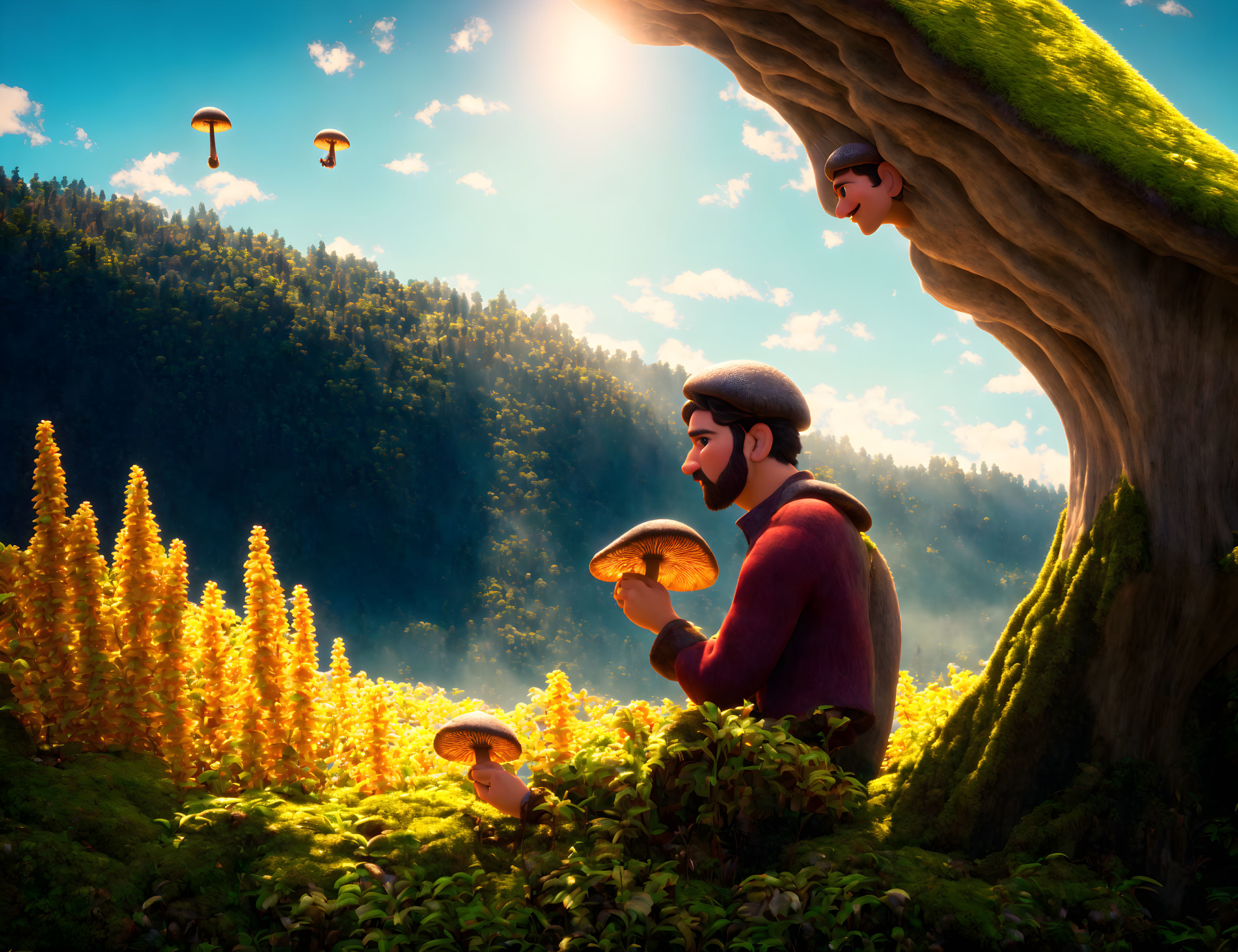 Animated characters admire giant mushrooms in vibrant forest with mushroom-shaped trees