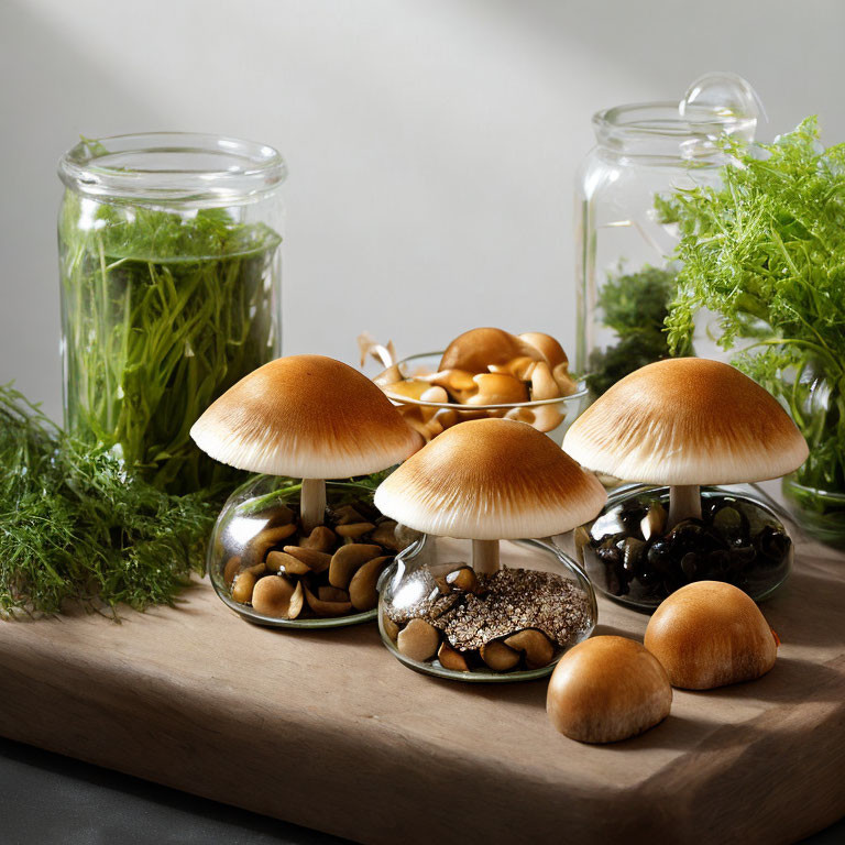 Mushrooms on wooden board with nuts, olives, seeds, and dill