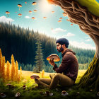 Animated characters admire giant mushrooms in vibrant forest with mushroom-shaped trees