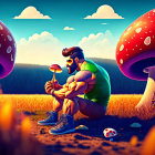 Muscular Man in Tank Top Contemplating in Fantasy Field with Oversized Mushrooms