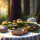 Enchanted Forest Scene with Glowing Mushrooms and Sunlit Trees