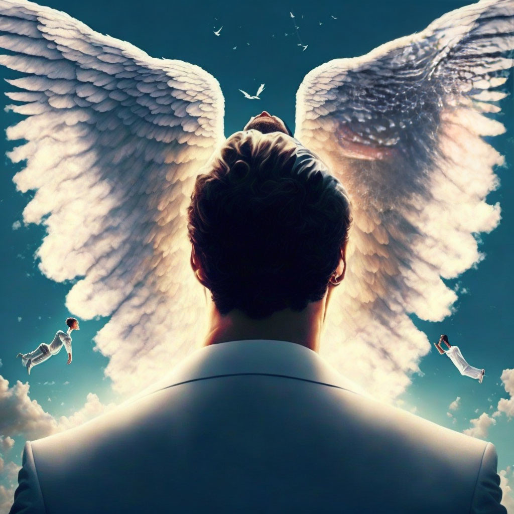 Person in suit with majestic wings in cloudy sky with smaller winged figures