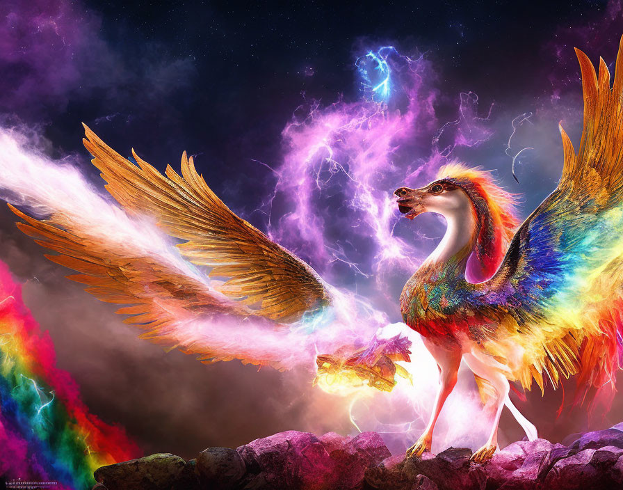 Colorful Phoenix Spreading Wings in Cosmic Scene