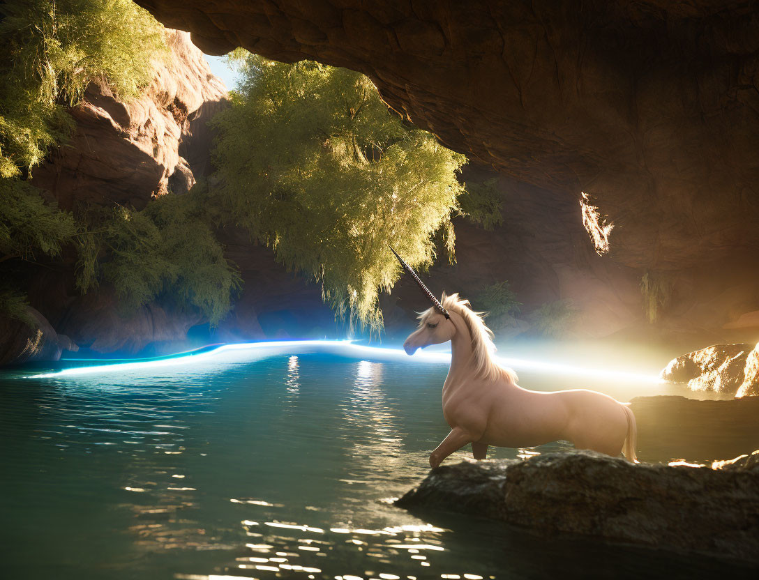 Majestic unicorn by tranquil river in cave with sunlight filtering through