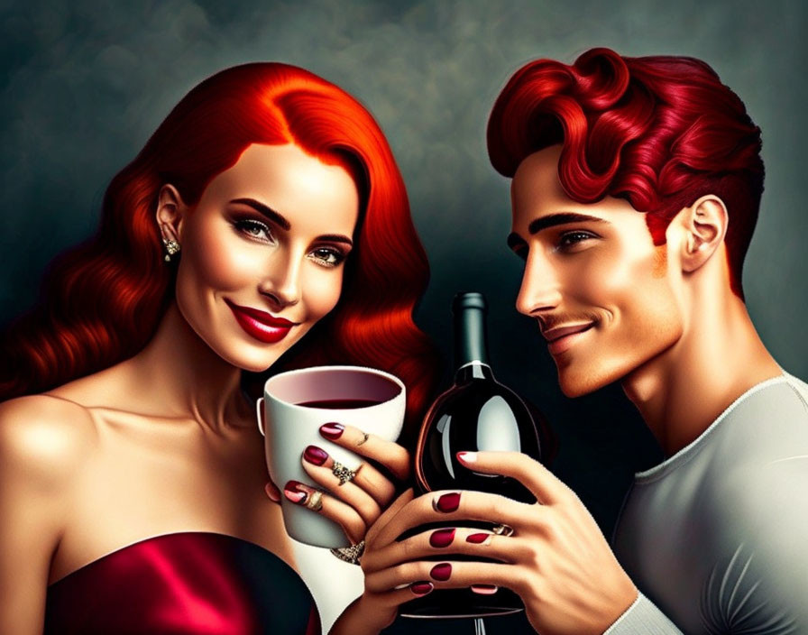 Illustration of red-haired couple enjoying coffee and wine together