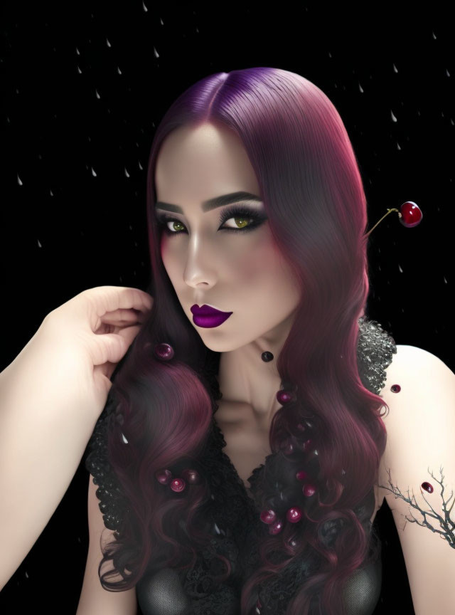 Digital portrait: Woman with purple hair, cherry-themed makeup, cherries in hair, dark background with