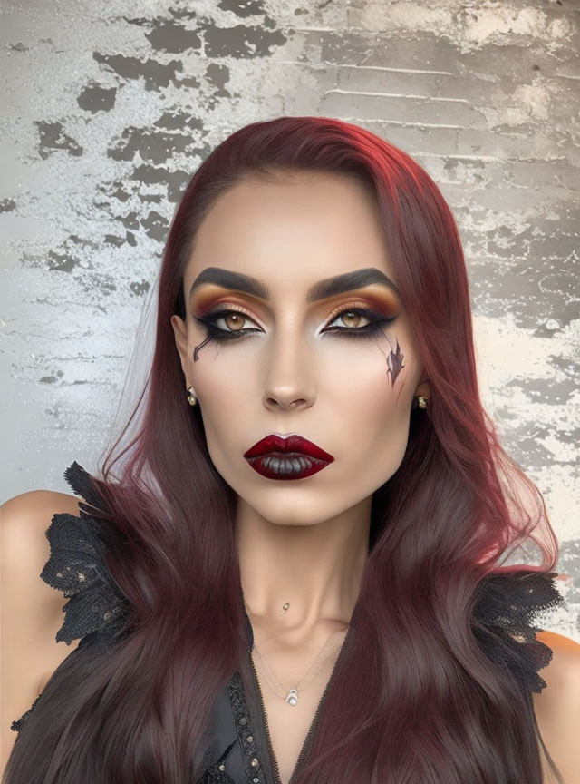 Woman with Dramatic Red and Gold Eye Makeup Posing Against Grey Background