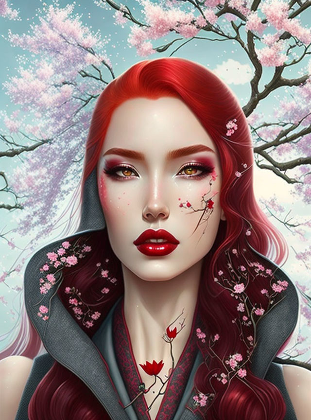 Vibrant digital artwork featuring woman with red hair and cherry blossom accents