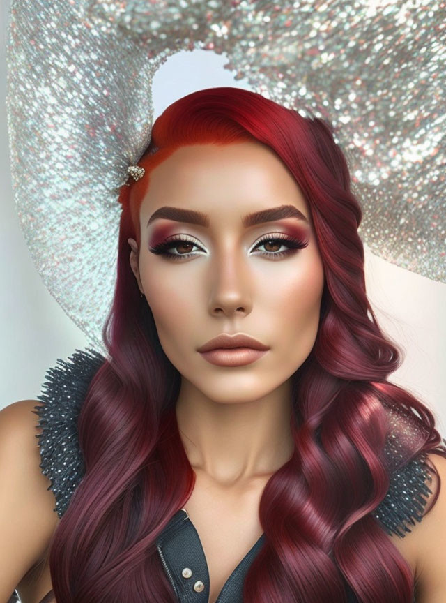 Vibrant portrait of woman with red hair, glam makeup, silver accessory, and shimmering grey