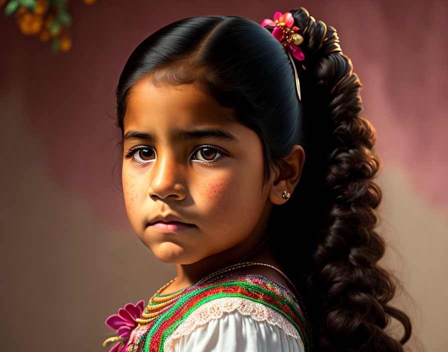 Young girl with flower-adorned braided hairstyle in traditional attire and earrings.