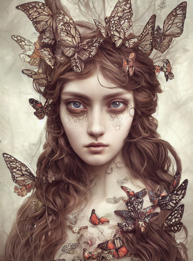 Fantasy portrait of a woman with butterflies, intricate detailing, and mystical atmosphere