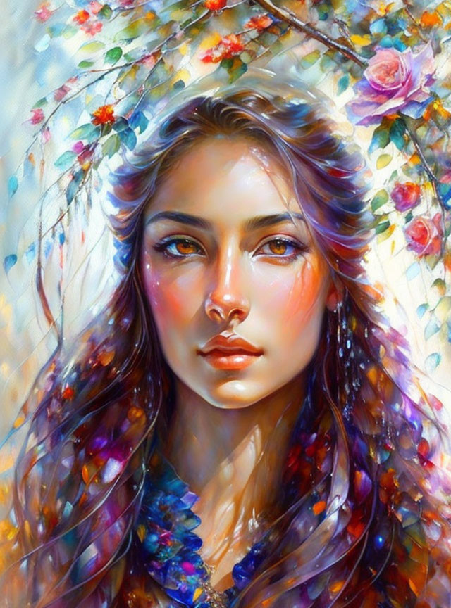 Colorful floral woman portrait with luminous highlights