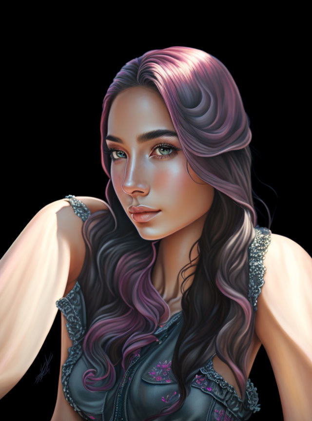 Digital portrait of woman with pink and purple wavy hair, green eyes, and detailed gray top.