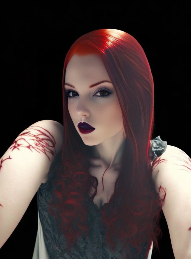 Portrait of Woman with Red Hair and Dark Lipstick in Lace Dress on Black Background