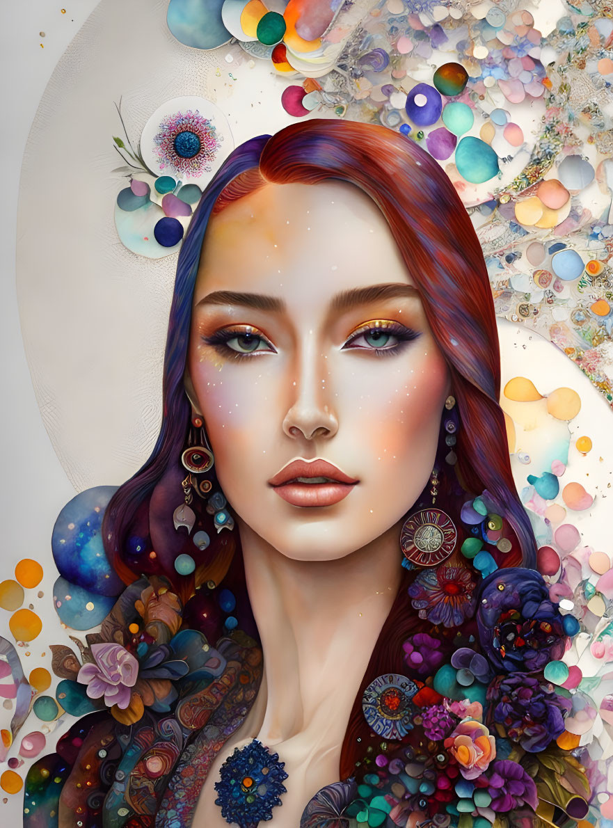 Portrait of Woman with Red Hair and Freckles Surrounded by Colorful Patterns