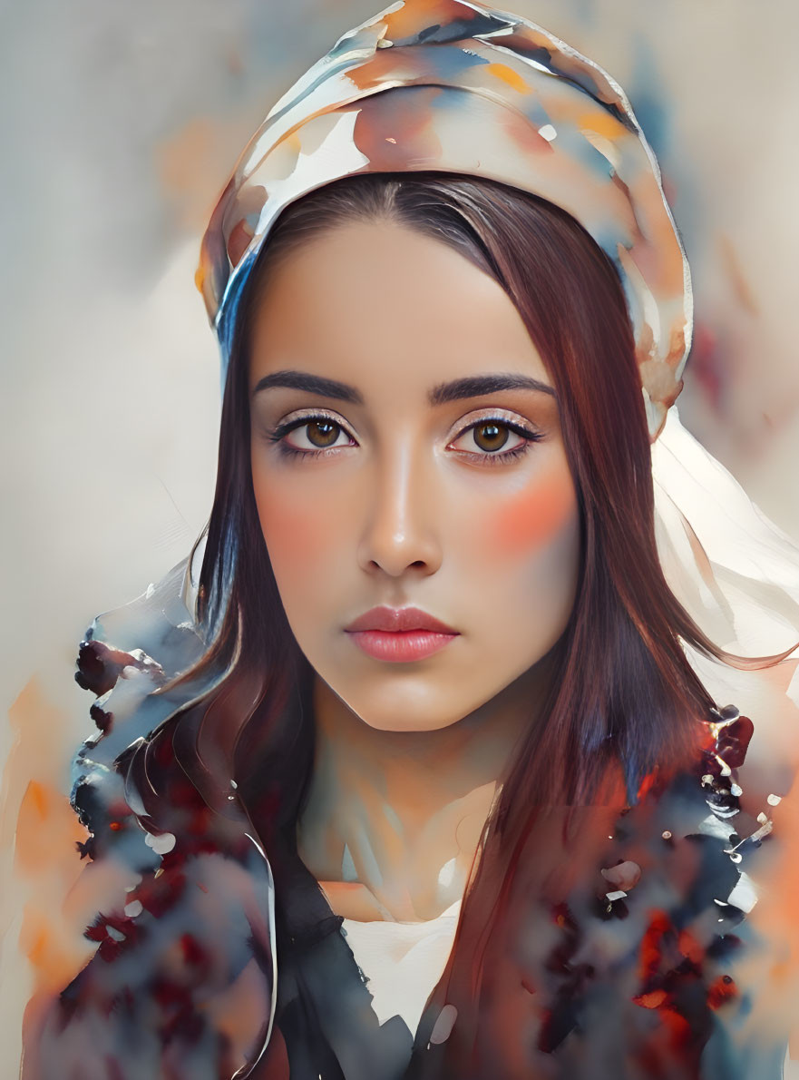 Portrait of a Woman with Brown Eyes and Colorful Headscarf