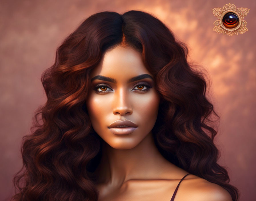 Voluminous Curly Hair Woman with Striking Eyes and Symbolic Design