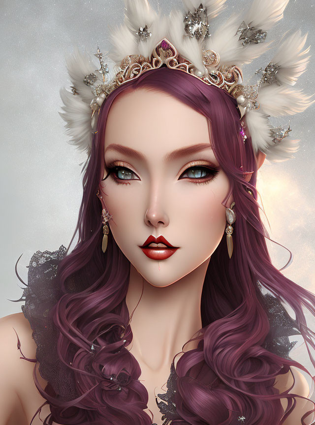 Colorful illustration of woman with purple hair, green eyes, red lipstick, crown.