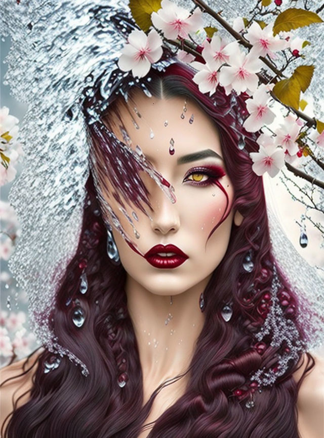 Digital artwork of woman with burgundy hair, adorned with blossoming branches and purple makeup.