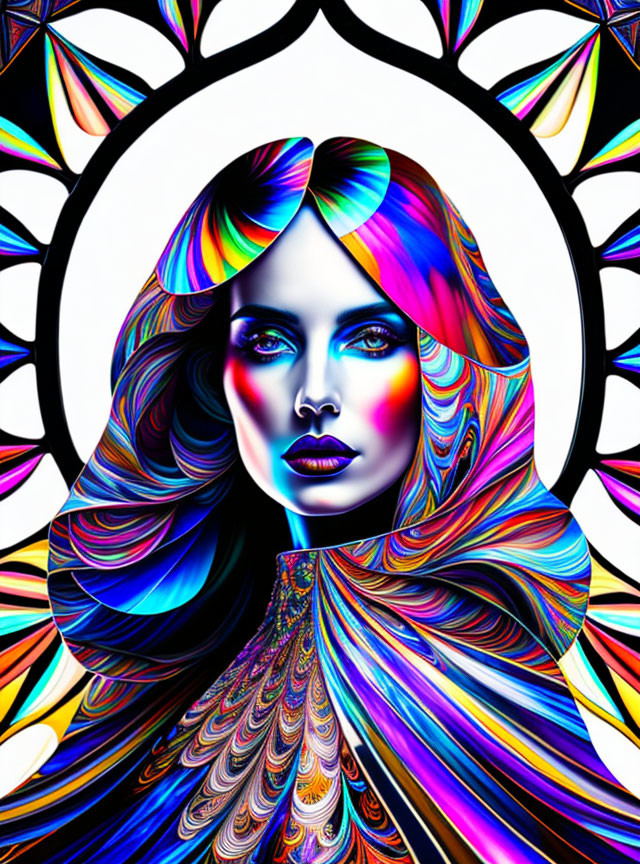 Colorful digital artwork: Woman in rainbow cloak by gothic window